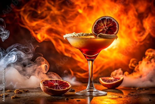 A vibrant blood orange cocktail with a sugared rim, garnished with a slice of blood orange, set against a dramatic backdrop of smoke and fire