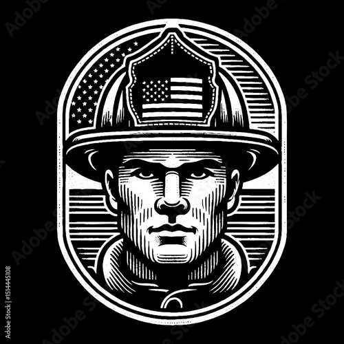 Firefighter Face With Classic Helmet And Serious Expression Illustration – Retro Hand-Drawn Heroic Portrait Vector Artwork for T-Shirts, Posters, Stickers, and Firefighter-Themed Apparel Designs