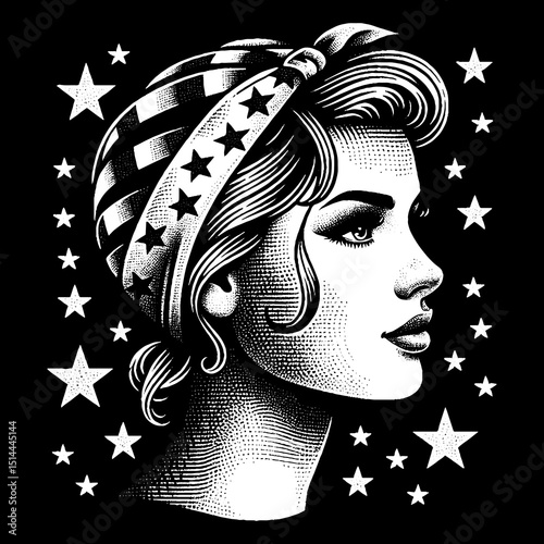 Beautiful Woman Face With 50s Hair And Bandana Stars Pattern Illustration – Retro Hand-Drawn Female Portrait Vector Artwork for T-Shirts, Posters, Stickers, and Vintage Fashion Designs