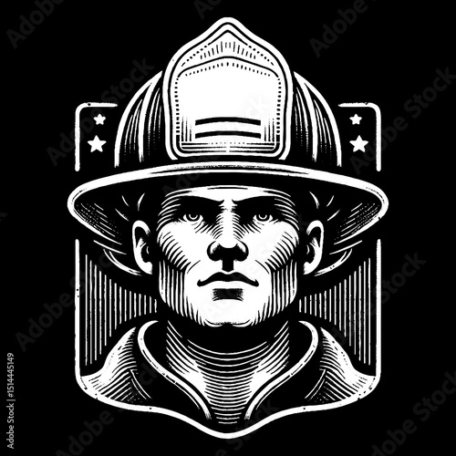 Firefighter Face With Classic Helmet And Serious Expression Illustration – Retro Hand-Drawn Heroic Portrait Vector Artwork for T-Shirts, Posters, Stickers, and Firefighter-Themed Apparel Designs