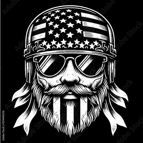 Biker Face With American Flag Bandana And Shades Illustration – Retro Hand-Drawn Rebel Portrait Vector Artwork for T-Shirts, Posters, Stickers, and Motorcycle-Themed Apparel Designs