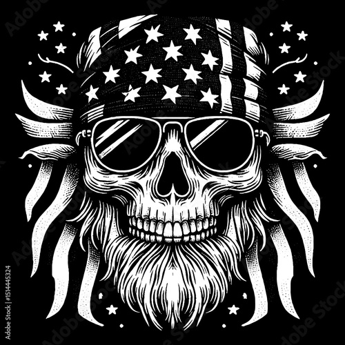 Biker Face With American Flag Bandana And Shades Illustration – Retro Hand-Drawn Rebel Portrait Vector Artwork for T-Shirts, Posters, Stickers, and Motorcycle-Themed Apparel Designs