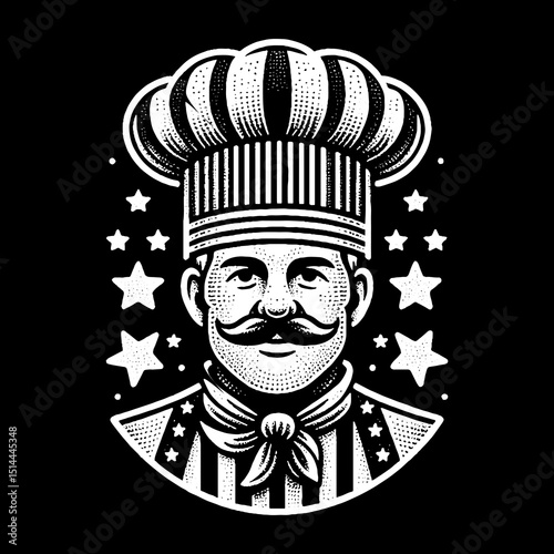 Chef Face With Tall Hat And Stars Apron Illustration – Retro Hand-Drawn Culinary Portrait Vector Artwork for T-Shirts, Posters, Stickers, and Kitchen-Themed Apparel Designs