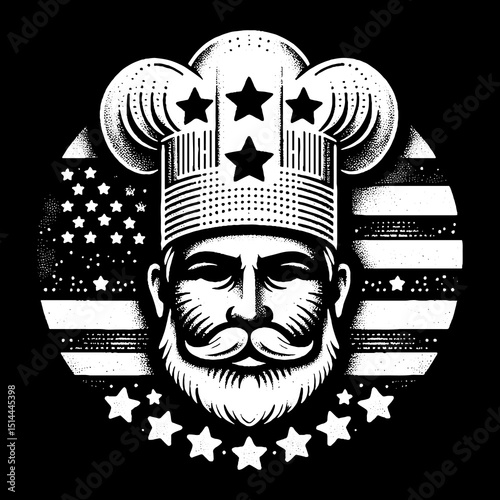 Chef Face With Tall Hat And Stars Apron Illustration – Retro Hand-Drawn Culinary Portrait Vector Artwork for T-Shirts, Posters, Stickers, and Kitchen-Themed Apparel Designs