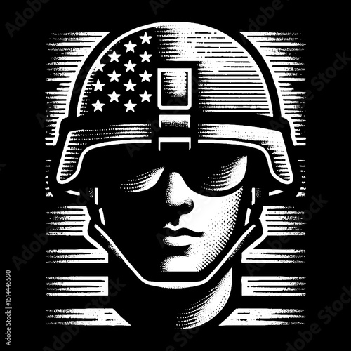 Soldier Face With Helmet And Bold Engraved Shadow Illustration – Retro Hand-Drawn Military Portrait Vector Artwork for T-Shirts, Posters, Stickers, and Armed Forces-Themed Apparel Designs
