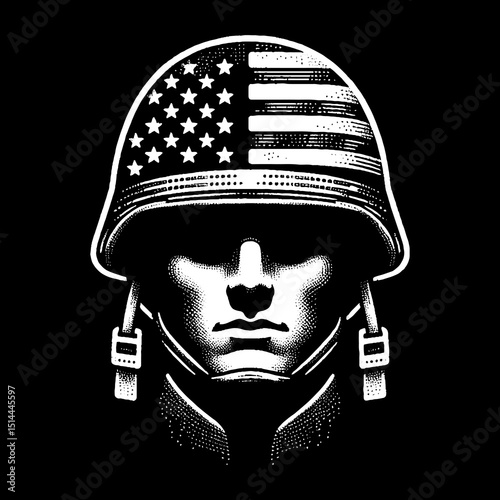 Soldier Face With Helmet And Bold Engraved Shadow Illustration – Retro Hand-Drawn Military Portrait Vector Artwork for T-Shirts, Posters, Stickers, and Armed Forces-Themed Apparel Designs