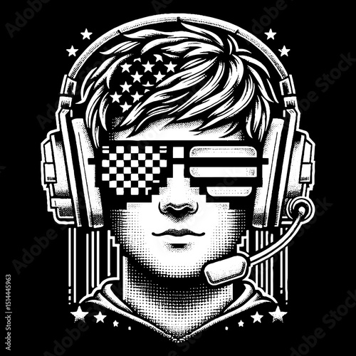 Gamer Boy Face With Pixel Glasses And Headset Illustration – Retro Hand-Drawn Digital Portrait Vector Artwork for T-Shirts, Posters, Stickers, and Gaming-Themed Apparel Designs