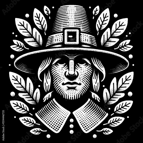 Magician Face With Top Hat And Usa Rabbit Illustration – Retro Hand-Drawn Magical Portrait Vector Artwork for T-Shirts, Posters, Stickers, and Magic-Themed Apparel Designs