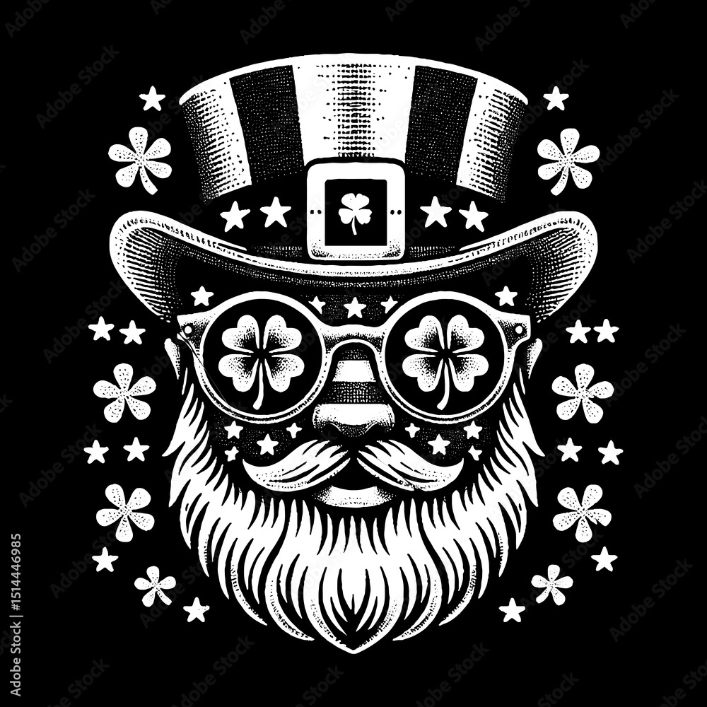 Obraz premium St Patrick Face With Clover Glasses And Green Stars Illustration – Retro Hand-Drawn Festive Portrait Vector Artwork for T-Shirts, Posters, Stickers, and St. Patrick’s Day-Themed Apparel Designs