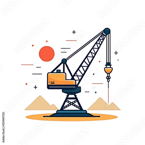 Stylized construction crane operating with a vibrant sun in a minimalistic illustration