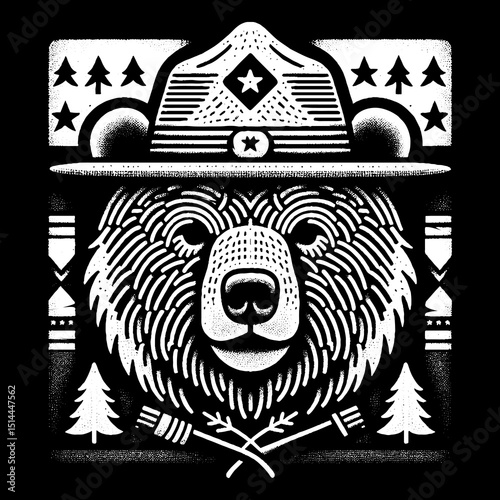 Bear Face With Ranger Hat And Pine Pattern Illustration – Retro Hand-Drawn Wildlife Portrait Vector Artwork for T-Shirts, Posters, Stickers, and Nature-Themed Apparel Designs