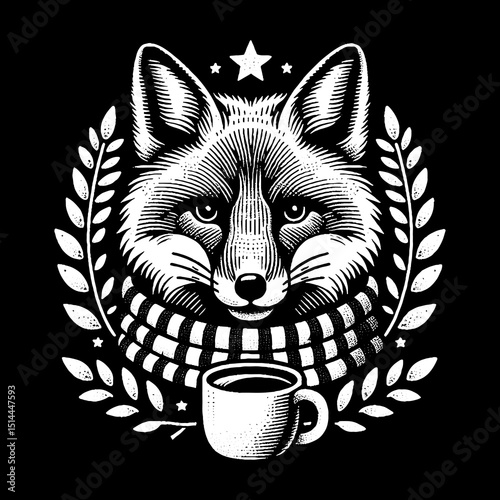 Fox Face With Scarf And Coffee Mug Background Illustration – Retro Hand-Drawn Cozy Portrait Vector Artwork for T-Shirts, Posters, Stickers, and Autumn-Themed Apparel Designs
