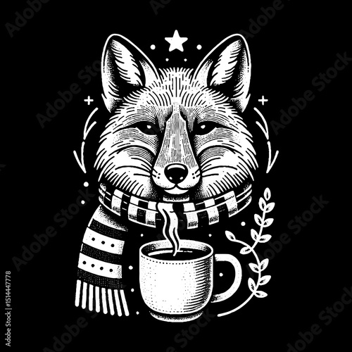 Fox Face With Scarf And Coffee Mug Background Illustration – Retro Hand-Drawn Cozy Portrait Vector Artwork for T-Shirts, Posters, Stickers, and Autumn-Themed Apparel Designs