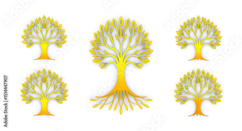 Set of spiritual golden tree illustrations, Tree of life gold set, Sacred golden tree collection, Spiritual growth tree icons, Golden enlightenment tree pack, Chakra aligned tree set, Divine tree of l