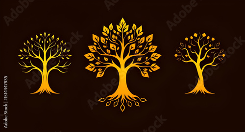 Set of spiritual golden tree illustrations, Tree of life gold set, Sacred golden tree collection, Spiritual growth tree icons, Golden enlightenment tree pack, Chakra aligned tree set, Divine tree of l
