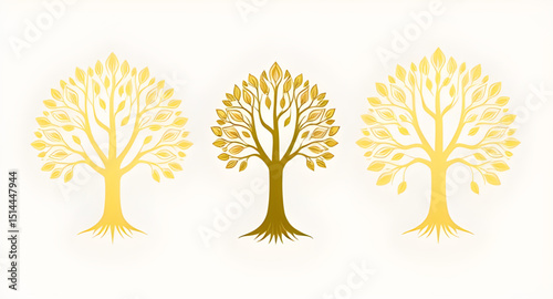 Set of spiritual golden tree illustrations, Tree of life gold set, Sacred golden tree collection, Spiritual growth tree icons, Golden enlightenment tree pack, Chakra aligned tree set, Divine tree of l
