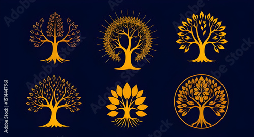 Set of spiritual golden tree illustrations, Tree of life gold set, Sacred golden tree collection, Spiritual growth tree icons, Golden enlightenment tree pack, Chakra aligned tree set, Divine tree of l