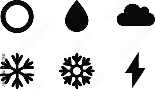 Elegant black weather icons set illustrating sunny cloudy rainy and other atmospheric conditions