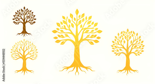 Set of spiritual golden tree illustrations, Tree of life gold set, Sacred golden tree collection, Spiritual growth tree icons, Golden enlightenment tree pack, Chakra aligned tree set, Divine tree of l