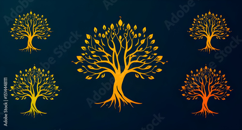 Set of spiritual golden tree illustrations, Tree of life gold set, Sacred golden tree collection, Spiritual growth tree icons, Golden enlightenment tree pack, Chakra aligned tree set, Divine tree of l