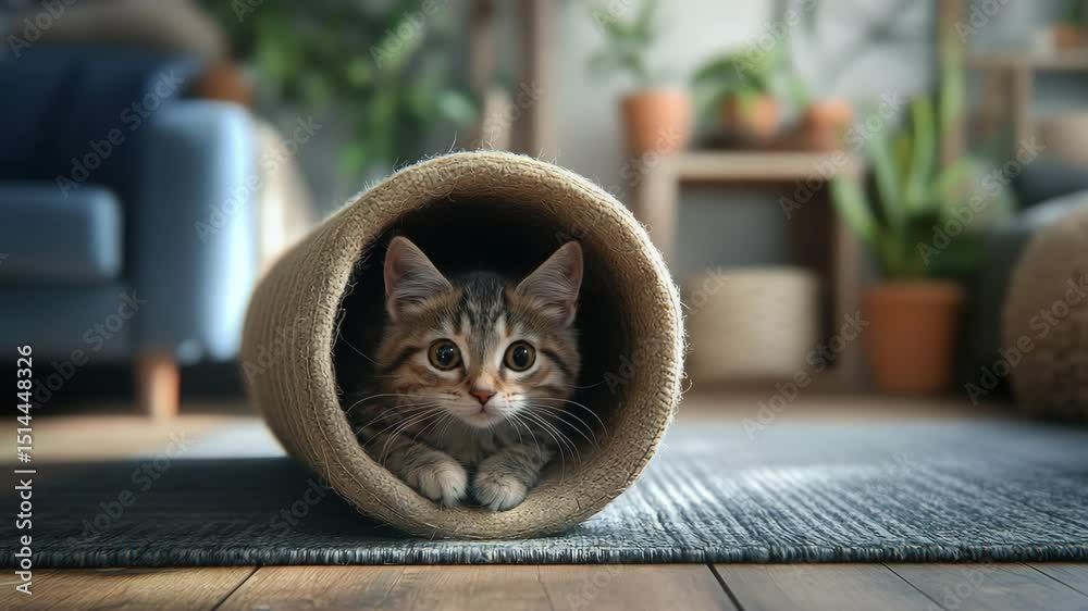 Cutely-curled gray cat relaxing inside cozy round brown tunnel on table surface indoors
