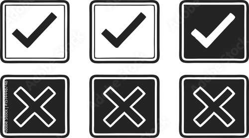 Minimalist checkmark and x mark icons in square boxes for decision making and choices