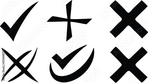 Minimalist checkmark and x mark design in black color with transparent background