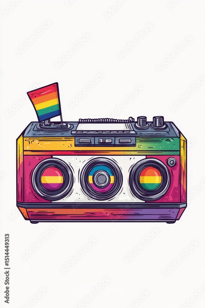 Fototapeta premium Minimalistic colorful 80s boombox illustration with rainbow-colored speakers and a small rainbow flag on top