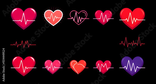 Set of heart and heartbeat icons, Heartbeat icon pack, Heart with ECG line vector, Medical heart and pulse icons, Heart and cardiogram vector, Love and heartbeat icon set, Heart rate symbol collection