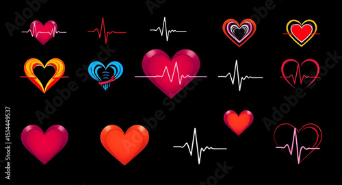 Set of heart and heartbeat icons, Heartbeat icon pack, Heart with ECG line vector, Medical heart and pulse icons, Heart and cardiogram vector, Love and heartbeat icon set, Heart rate symbol collection