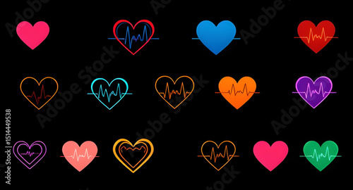 Set of heart and heartbeat icons, Heartbeat icon pack, Heart with ECG line vector, Medical heart and pulse icons, Heart and cardiogram vector, Love and heartbeat icon set, Heart rate symbol collection