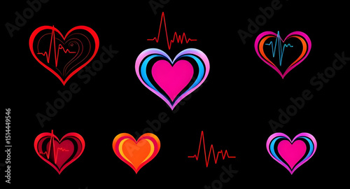 Set of heart and heartbeat icons, Heartbeat icon pack, Heart with ECG line vector, Medical heart and pulse icons, Heart and cardiogram vector, Love and heartbeat icon set, Heart rate symbol collection