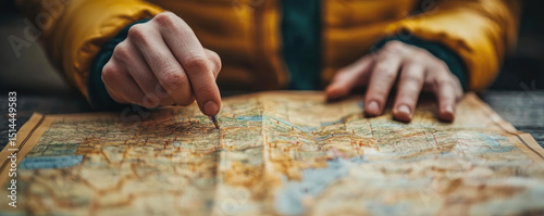 Close-Up of a Person Marking a Location on a Map With a Pin
