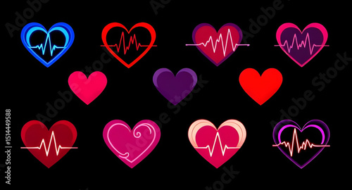 Set of heart and heartbeat icons, Heartbeat icon pack, Heart with ECG line vector, Medical heart and pulse icons, Heart and cardiogram vector, Love and heartbeat icon set, Heart rate symbol collection