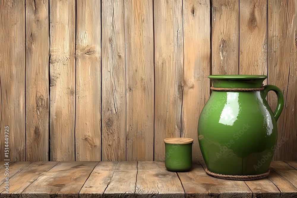 Rustic green ceramic pitcher and jar on aged wooden surface against weathered wood background. Warm lighting enhances textures Rustic green ceramic pitcher and jar on aged wooden surface against weathered wood background. Warm lighting enhances textures