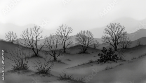 Tranquil landscape featuring bare trees and gentle hills, creating serene atmosphere. monochromatic tones enhance calmness of scene, inviting reflection and peace