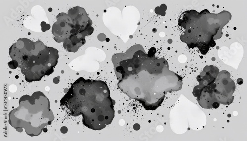 Abstract black and white shapes create unique background with splashes and hearts, evoking sense of creativity and emotion. design features various textures and patterns
