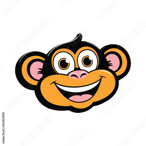 A cartoon of a monkey's face with a wide, cheerful smile. It has dark fur, a lighter orange muzzle and inner ears, and large, expressive eyes.