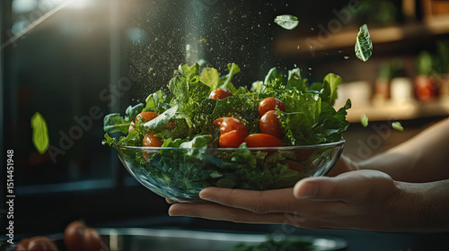 Fresh Green Salad Tossed with Tomatoes and Herbs in Kitchen Setting