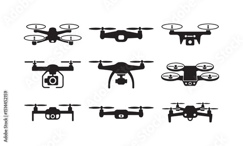 A set of simple, black silhouette illustrations of different drone models.