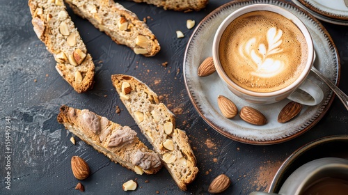 Overhead view of almond biscotti with latte art and scattered almonds on a dark textured surface