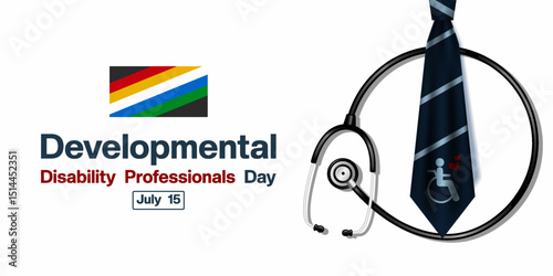 15 July Is Developmental Disability Professionals Day. Flag, tie, people and stethoscope. Great for posters, banners and social media. White background. 