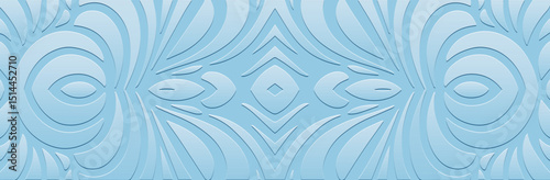 Patterned banner, creative cover design. Geometric ethnic abstract 3d pattern on blue background. Embossed tribal ornaments, arabesques, mandala, fresco, painting of the East, Asia, India, Mexico.