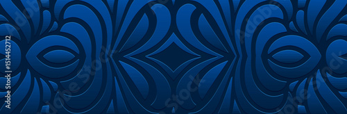 Patterned banner, creative cover design. Geometric ethnic shiny 3d pattern on blue background. Embossed tribal ornaments, arabesque, mandala, fresco, painting of the East, Asia, India, Mexico, Aztec.