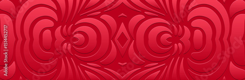 Patterned banner, creative cover design. Geometric ethnic shiny 3d pattern on red background. Embossed tribal ornaments, arabesque, mandala, fresco, painting of the East, Asia, India, Mexico, Aztec.