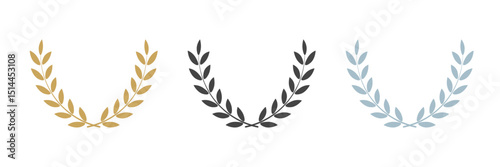 Laurel wreath set. Golden, silver and black frame border with leafes. Prize for win. Vector illustration