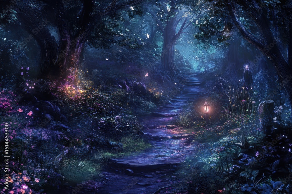 Fototapeta premium Enchanting path through a dark fantasy woodland with glowing lights and atmosphere, Path In Dark Fantasy Woodland