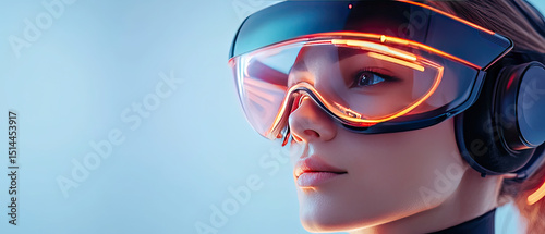 Futuristic Woman Wearing Advanced AR Headset in Immersive Virtual Environment