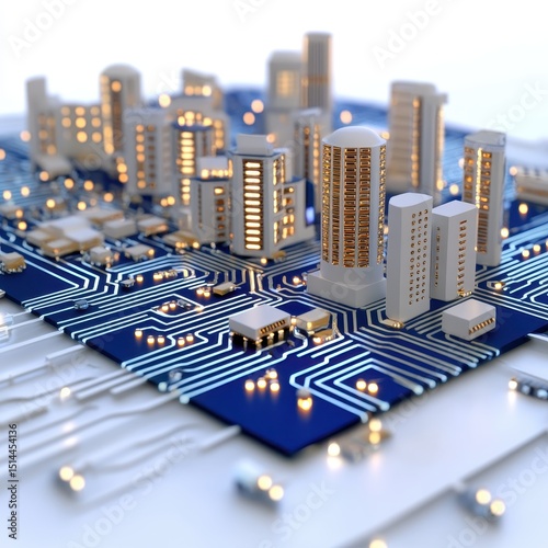 White cityscape model on a blue circuit board, illuminated with warm lights. Digital city concept with modern architecture. High tech urban