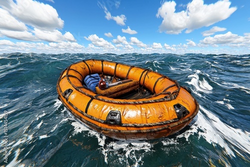 Orange life raft bobs on dark blue ocean waves under a bright sky with fluffy white clouds. A person is visible inside the raft